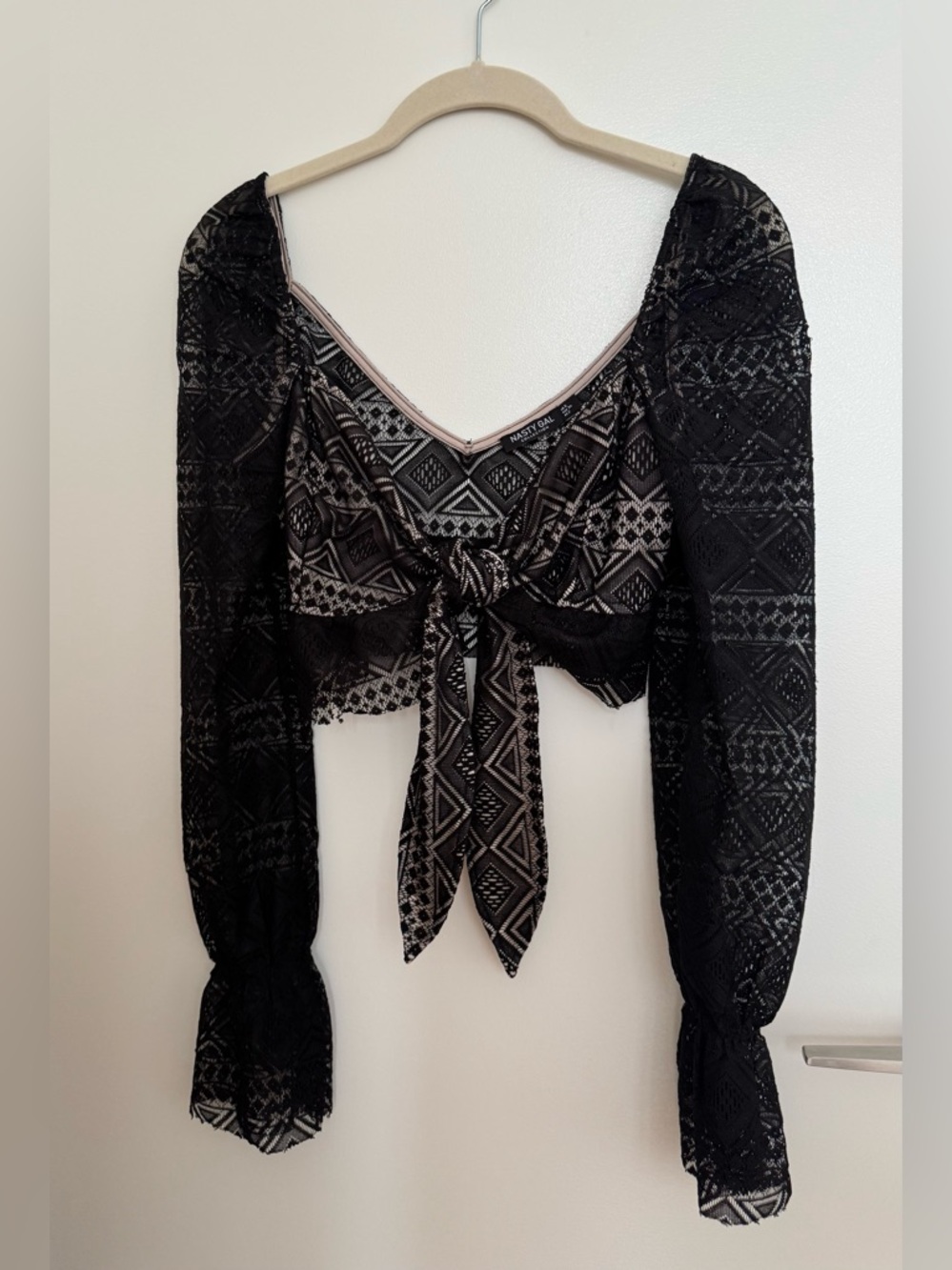 Black Lace Tie Front Crop Top